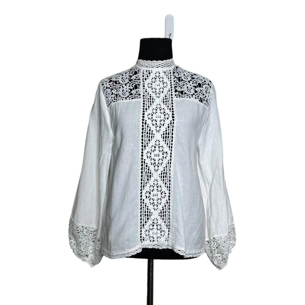 Zara white cotton blend eyelet long sleeves blouse size Small